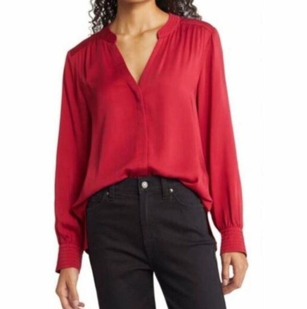 Tommy Bahama Womens L Red Tencel Modal 3/4 Sleeve Button Shirt Boyfriend Beach